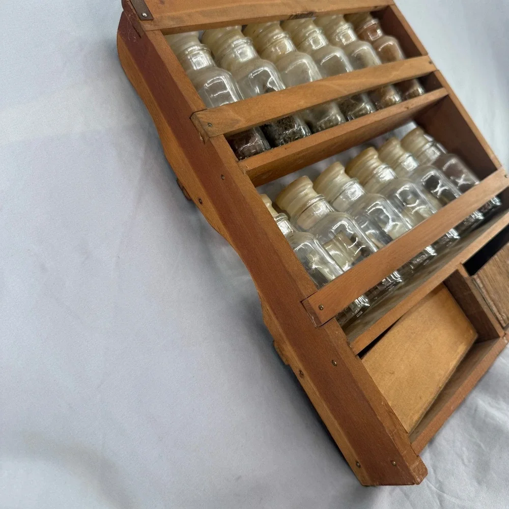 Vintage Wooden Spice Rack 12 Glass Apothecary Jars 2 Drawers Wall Mount Brown